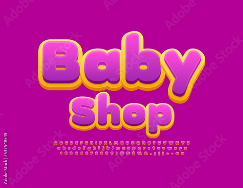 Vector funny Signboard Baby Shop. Creative Font. Bright Kids Alphabet Letters, Numbers and Symbols