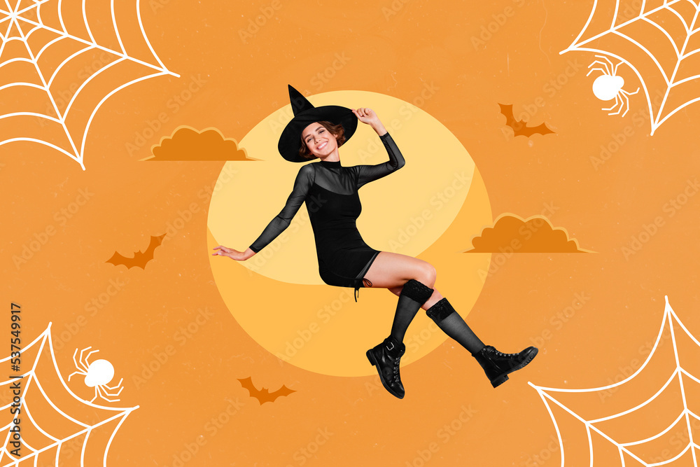 Composite collage portrait of pretty witch girl sitting moon hand touch headwear painted spider web isolated on drawing background