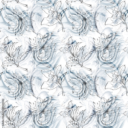 Abstract blue alcohol ink floral line art seamless pattern. Digital seamless wallpaper, fabric print, textile design. Can be used for scrapbook paper, wrapping paper, packaging.