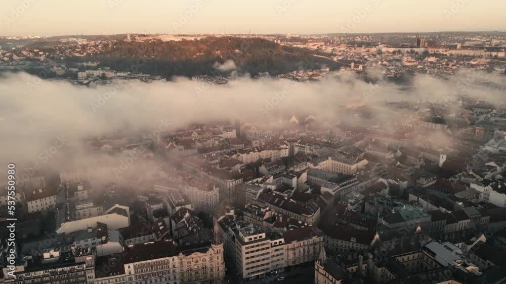 Cinematic Sunrise over Prague Czech Republic new town bird view clouds