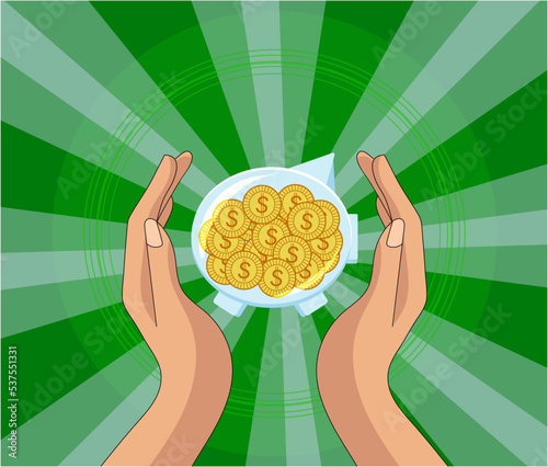Concept of financial security. Hands carefully hold glass piggy bank with money on green background. Flat vector illustration. Investing, planning, saving finances. Banking.
