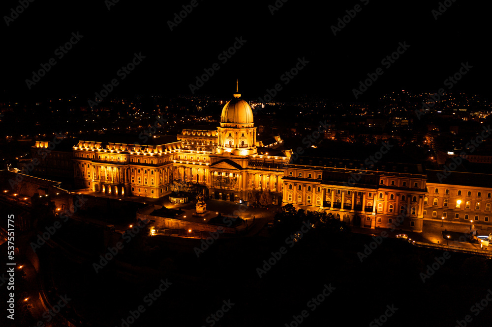 Aerial Drone Photo - Buda Castle lit up at night.  Budapest, Hungary