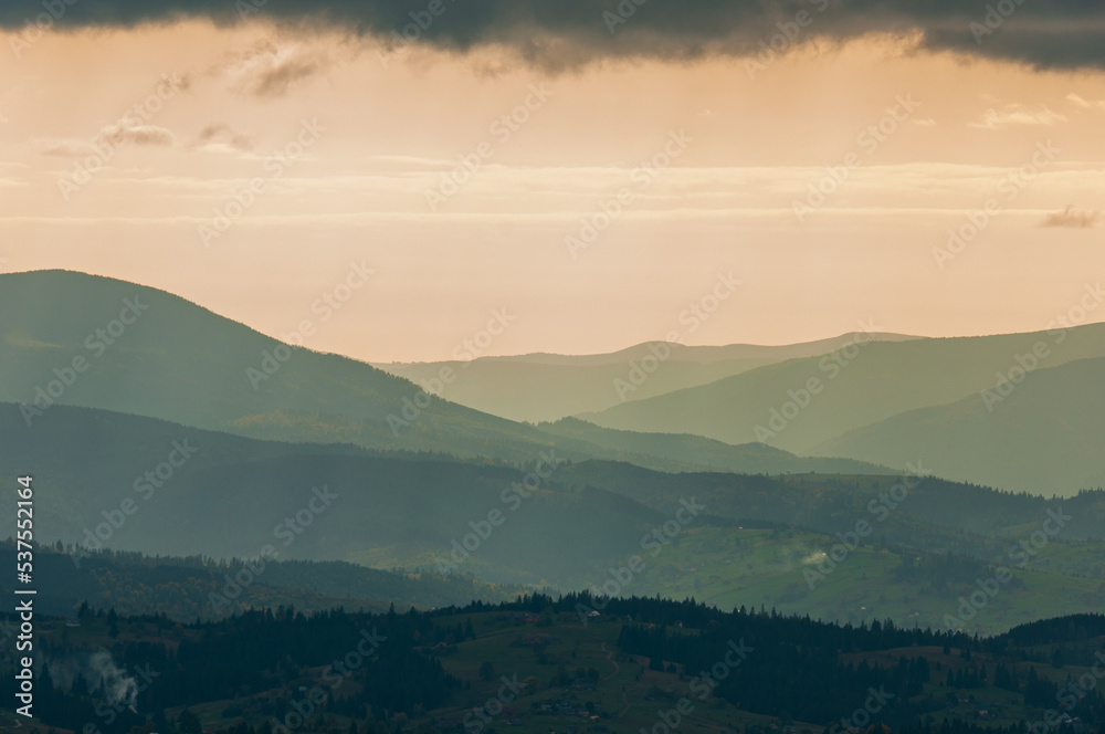mountains view, misty morning in the mountains, landscape with clouds, sunrise, sunset, horizontal, perspective, Carpathians, Ukraine