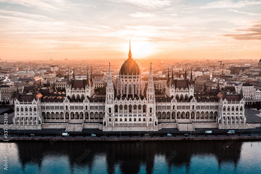 Aerial Drone Photo - Sunrise over the Hungarian Parliament Building. Budapest.