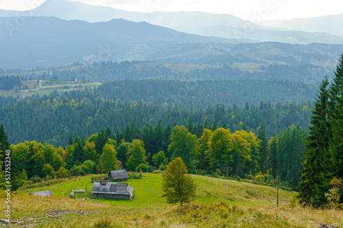 morning landscape in the mountains, house in the mountains, sunrise, sunny weather, horizontal, perspective, Carpathians, Ukraine