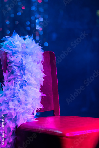 A red leather chair, a ribbon with boa feathers and a blue background with smoke before performing in the theater. A place for naked female bodies cabaret and burlesque.