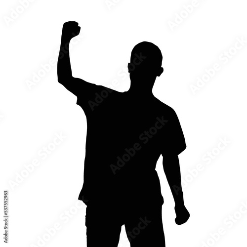 Silhouette of a man standing with showing confidence and power, vector. Fist revolution, hand up for showing power. 
