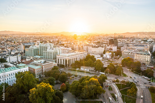Canvas Print Aerial Drone Photo - Sunset over Vienna Austria.