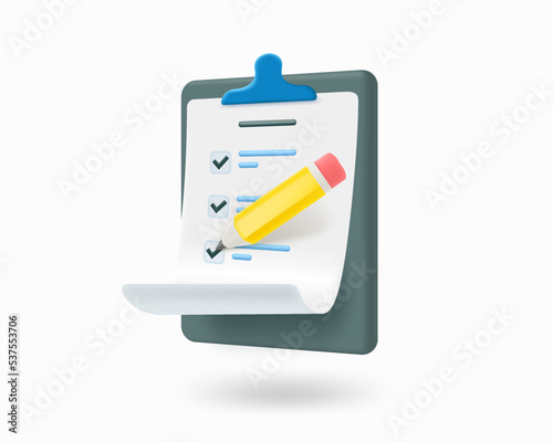 Clipboard with pencil isolated on white background. Business agenda concept.3d vecror illustration