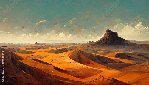 Beautiful sunset scenery in a deserted area with sand dunes and rock formations.