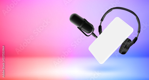 Audio application concept with smartphone, microphone and headphones. 3d vector banner with copy space