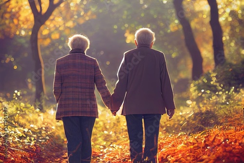 Middle age, mature, old couple walking in the autumn forest Elderly husband and wife character portrait, digital modern poster detailed image. Watercolor or acrylic style. 3D illustration