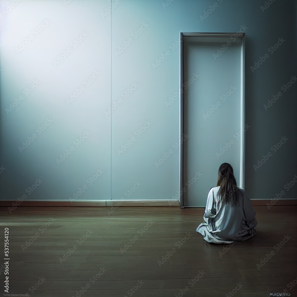 Concept idea illustration of woman in depression. Black and white