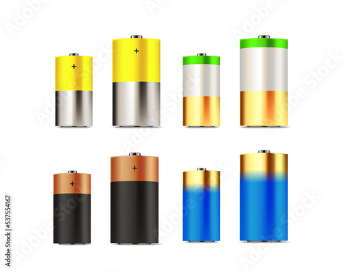 В and С size realistic batteries set isolated on white background. 3d vector clipart