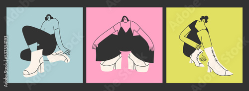 Abstract people with big boots and small heads. Cute disproportionate characters. Different shoes and poses. Hand drawn trendy Vector illustrations. Every person is isolated. Print, design templates 