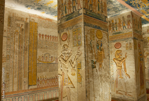 Hieroglyphic carvings in an ancient egyptian burial tomb
