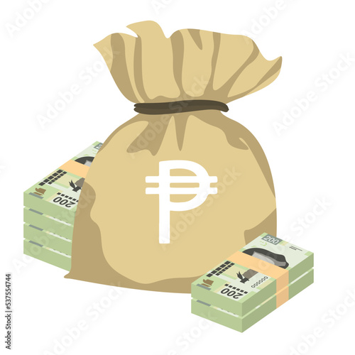 Mexican peso Vector Illustration. Mexico money set bundle banknotes. Money bag 200 MXN. Flat style. Isolated on white background. Simple minimal design.