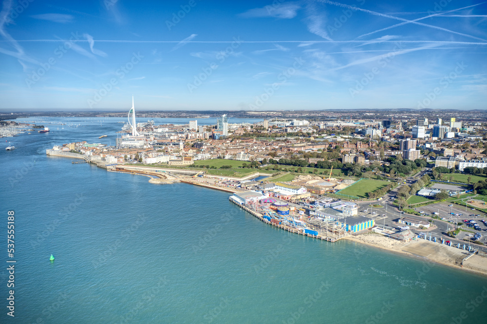 Portsmouth and Southsea view with the Amusement Park and Sea Defence work along the coastline.