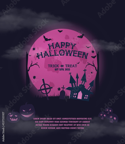 Happy halloween banner or party invitation background with violet fog clouds sky and scary pumpkins. Halloween sale. Halloween trick or treat card set