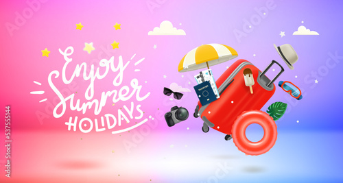 Enjoy summer holidays concept. 3d vector banner with calligraphic inscription