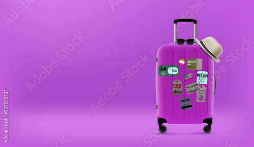 Travel concept with purple travel bag. Enjoy summer travel. 3d vector banner with copy space