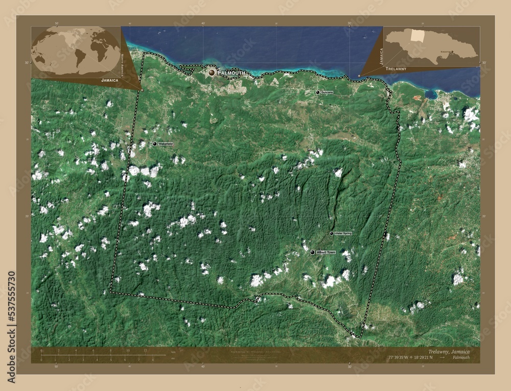 Trelawny, Jamaica. Low-res satellite. Labelled points of cities