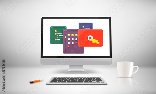 White room with modern computer and windows on the screen. 3d vector illustration
