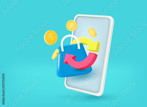 Shopping bag with arrows and coins. Cash back concept. 3d vector banner with copy space