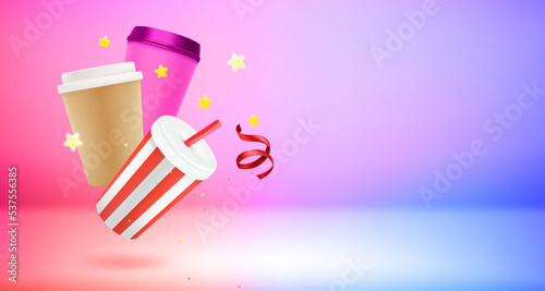 Coffee cups with confetti. 3d vector banner with copy space