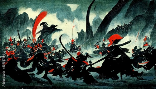 Anime style, Japanese samurai army fighting with enemy, large scene, battlefield, in Japanese black outline style and colors