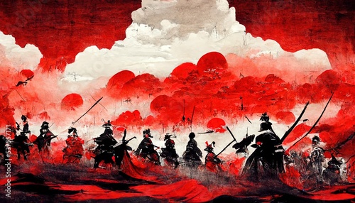 Anime style, Japanese samurai army fighting with enemy, large scene, battlefield, in Japanese black outline style and colors