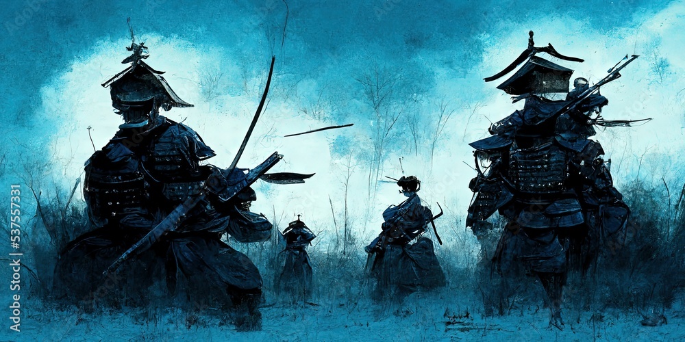 ภาพประกอบสต็อก Anime style, Japanese samurai army fighting with enemy ภาพประกอบสต็อก Anime style, Japanese samurai army fighting with enemy