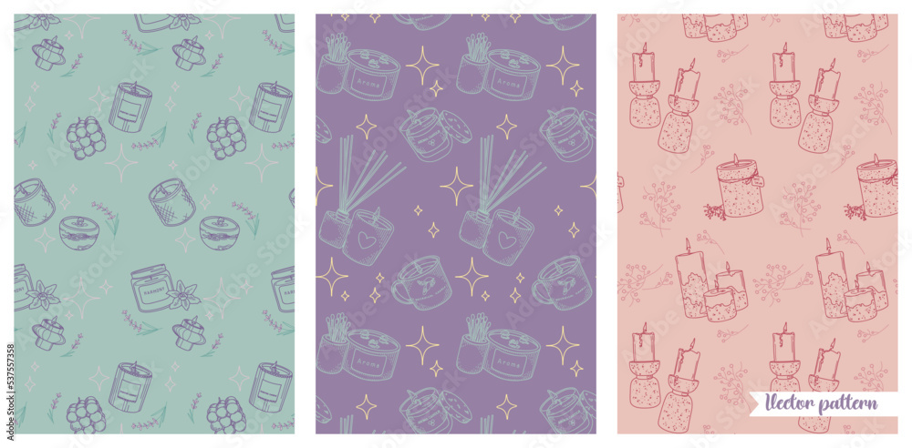 Aroma candle seamless pattern collection.  Outline candle vector background.