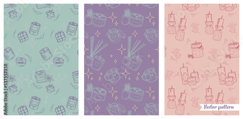 Aroma candle seamless pattern collection. Outline candle vector background.