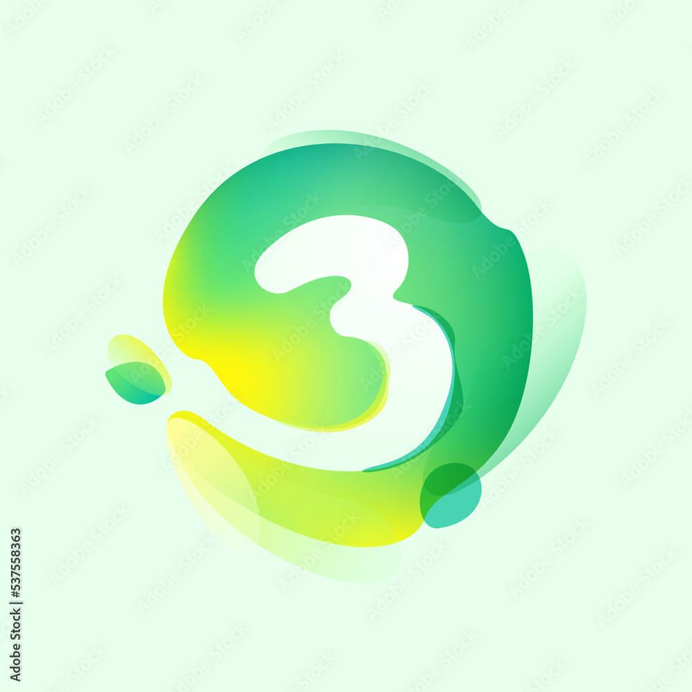Number three logo in eco gradient splash blot with green leaf. Negative space environment friendly icon.