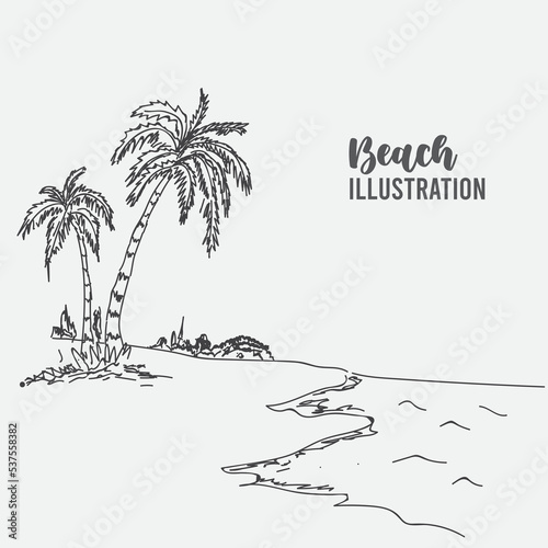 Beach scene illustration sketch design, hand drawn in black and white