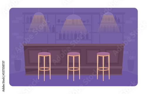 Bar arrangement 2D vector isolated illustration. Serving alcoholic beverages. Pub flat interior on cartoon background. Nightclub colourful editable scene for mobile, website, presentation