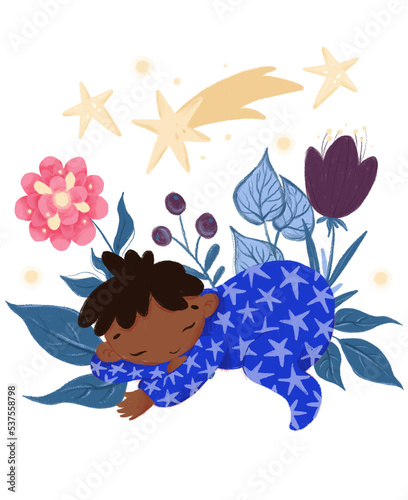Hand drawn textured composition with sleeping black kid in blue pajamas with comet  stars and flowers 