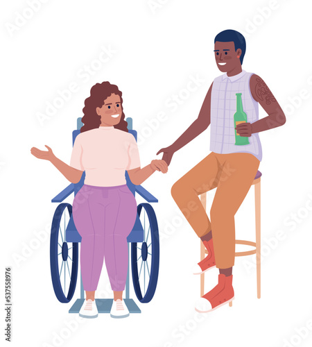 Friends joking and talking semi flat color vector characters. Editable figures. Full body people on white. Party at bar simple cartoon style illustration for web graphic design and animation