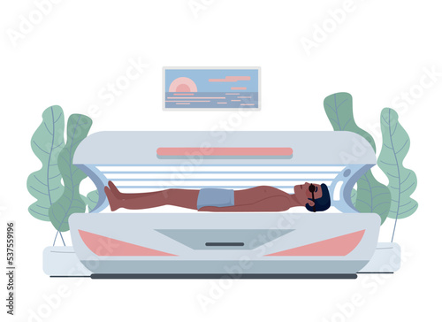 Indoor tanning 2D vector isolated illustration. Beauty procedure flat character on cartoon background. Cosmetic tan device colourful editable scene for mobile, website, presentation