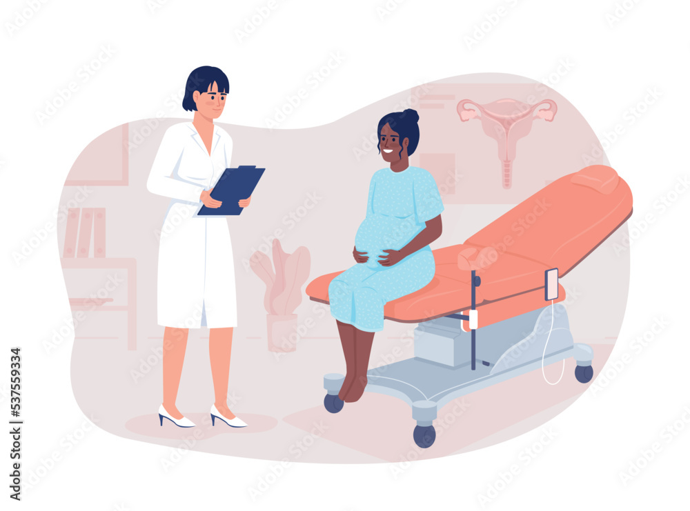 Pregnant lady and gynecologist 2D vector isolated illustration. Prenatal care flat characters on cartoon background. Medical colourful editable scene for mobile, website, presentation