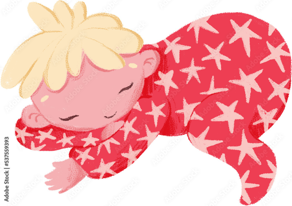 Fantasy hand drawn textured sleeping girl/boy in red pajamas with stars isolated on transparent background