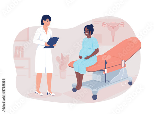 Pregnant lady and gynecologist 2D vector isolated illustration. Prenatal care flat characters on cartoon background. Medical colourful editable scene for mobile, website, presentation