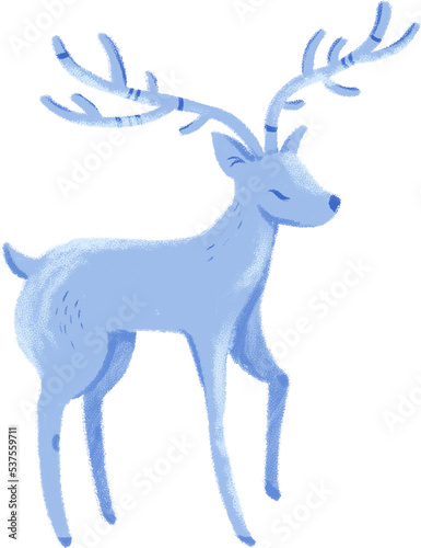 Fantasy hand drawn textured blue deer fawn with antlers isolated on transparent background