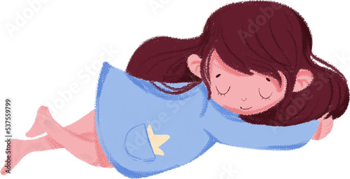 Fantasy hand drawn textured sleeping girl in blue pajamas with star isolated on transparent background