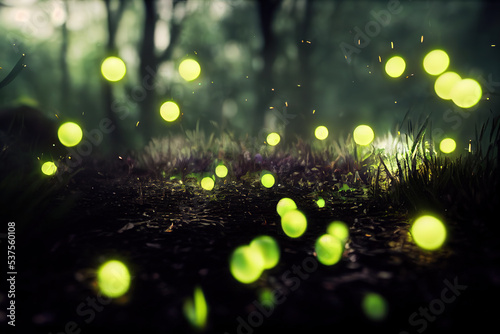 Abstract and Magical Image of Firefly Flying in the Night Forest.