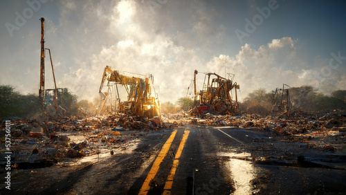 Abandoned Construction Machines in Digital Painting Art Illustration.