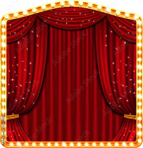 Closed cinema curtain. Luxury red folded drapery