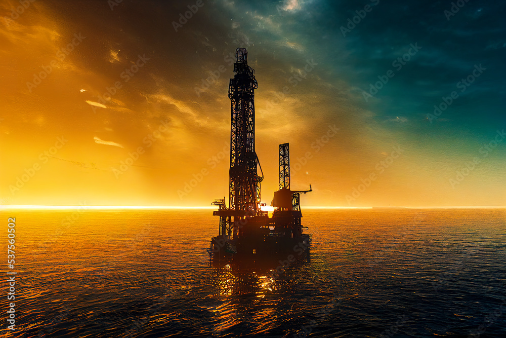Obraz premium Silhouette of Offshore Oil Drilling Rig