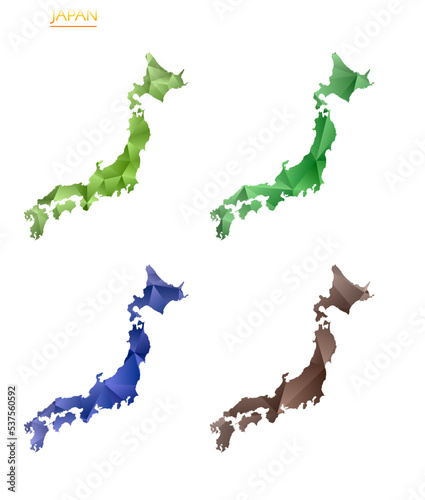 Set of vector polygonal maps of Japan. Bright gradient map of country in low poly style. Multicolored Japan map in geometric style for your infographics. Vibrant vector illustration.